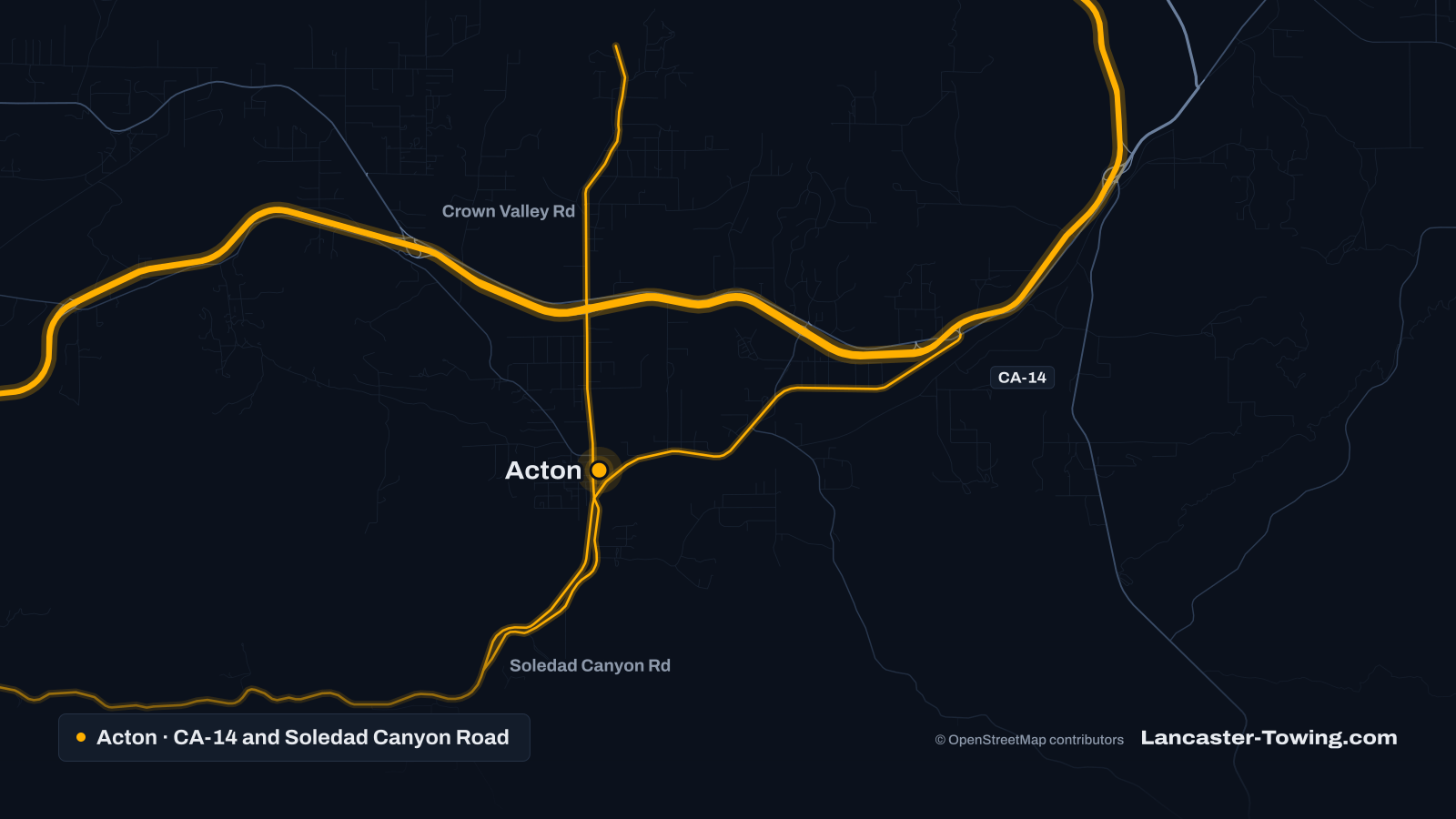 Map of Acton, CA, with the Antelope Valley Freeway (CA-14), Soledad Canyon Road and Crown Valley Road highlighted