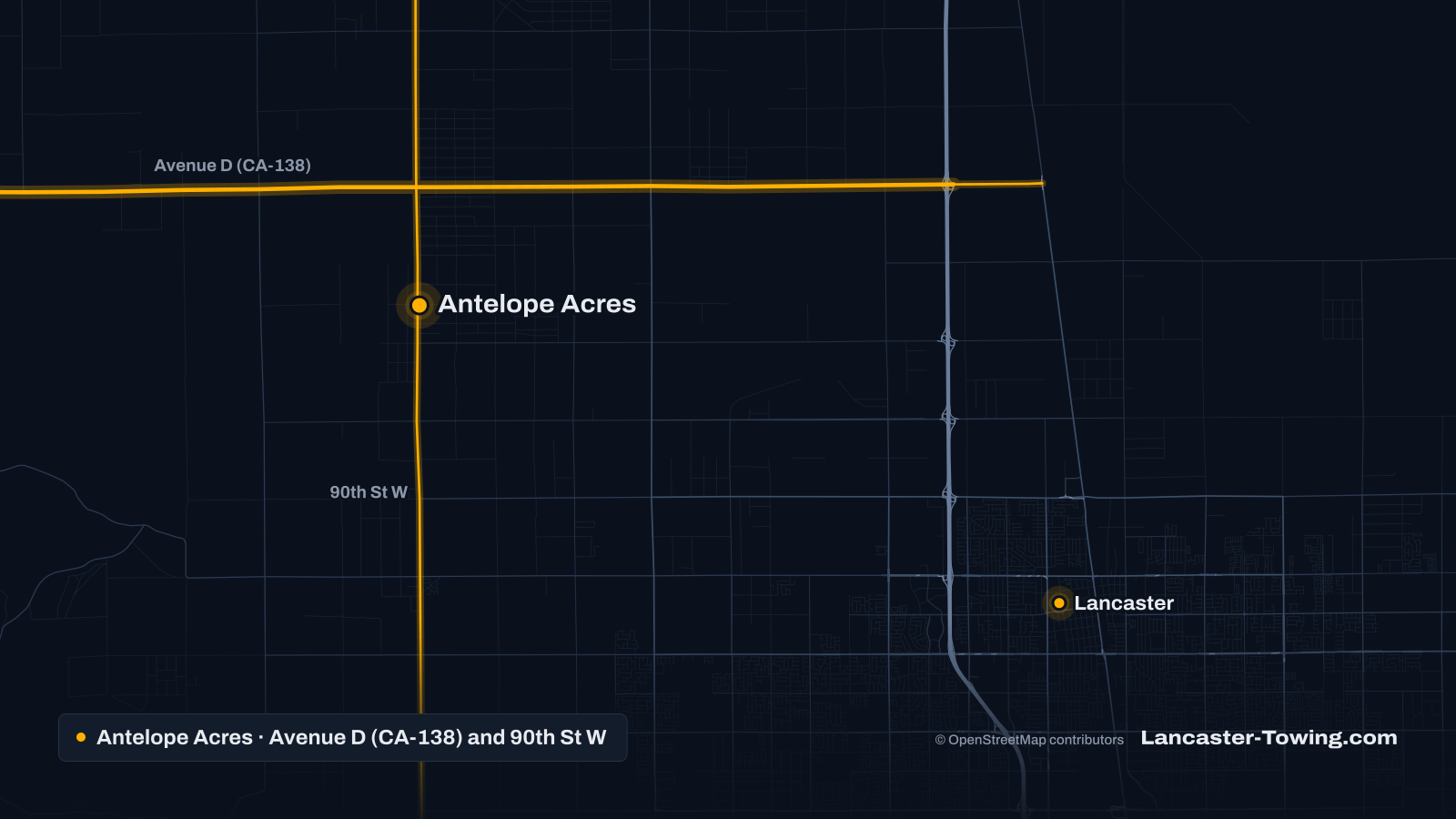 Map of Antelope Acres, CA, northwest of Lancaster, with Avenue D (CA-138) and 90th Street West highlighted