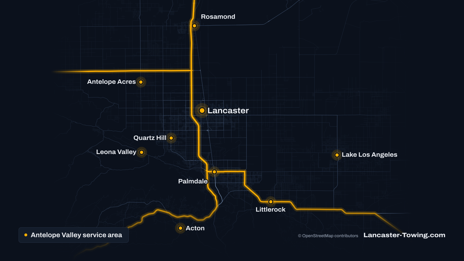 Map of the Antelope Valley with CA-14 and CA-138 highlighted and pins on Lancaster, Palmdale, Quartz Hill, Rosamond, Antelope Acres, Lake Los Angeles, Littlerock, Acton and Leona Valley