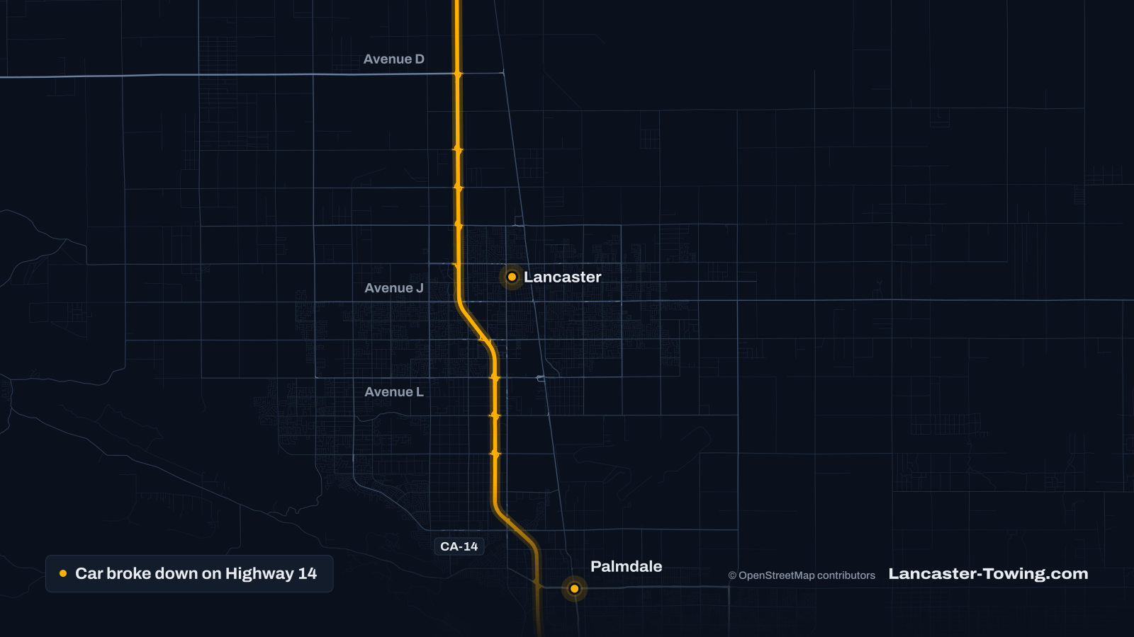 Map of CA-14 from Avenue D in north Lancaster south to Palmdale, with the freeway and its interchange ramps highlighted