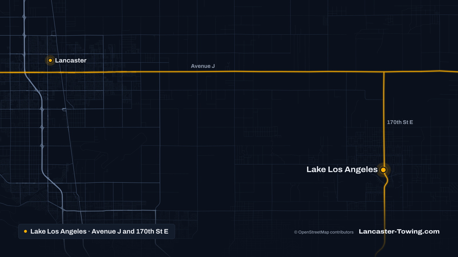 Map of Lake Los Angeles, CA, and east Lancaster, with Avenue J and 170th Street East highlighted