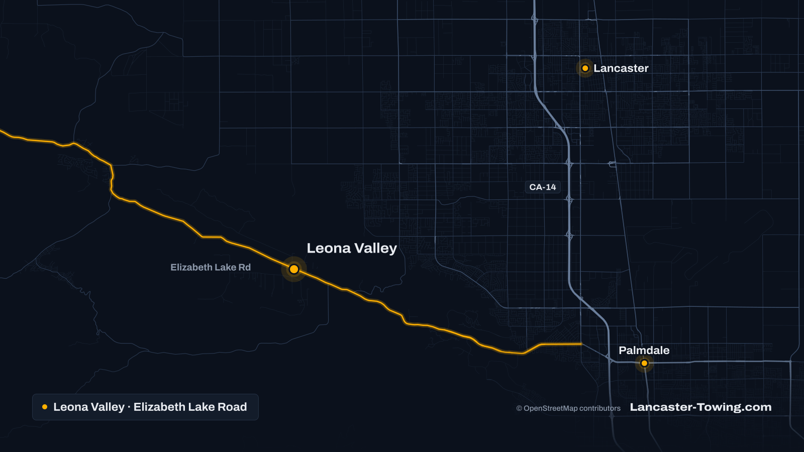 Map of Leona Valley, CA, with Elizabeth Lake Road highlighted and Leona Valley, Palmdale and Lancaster pinned
