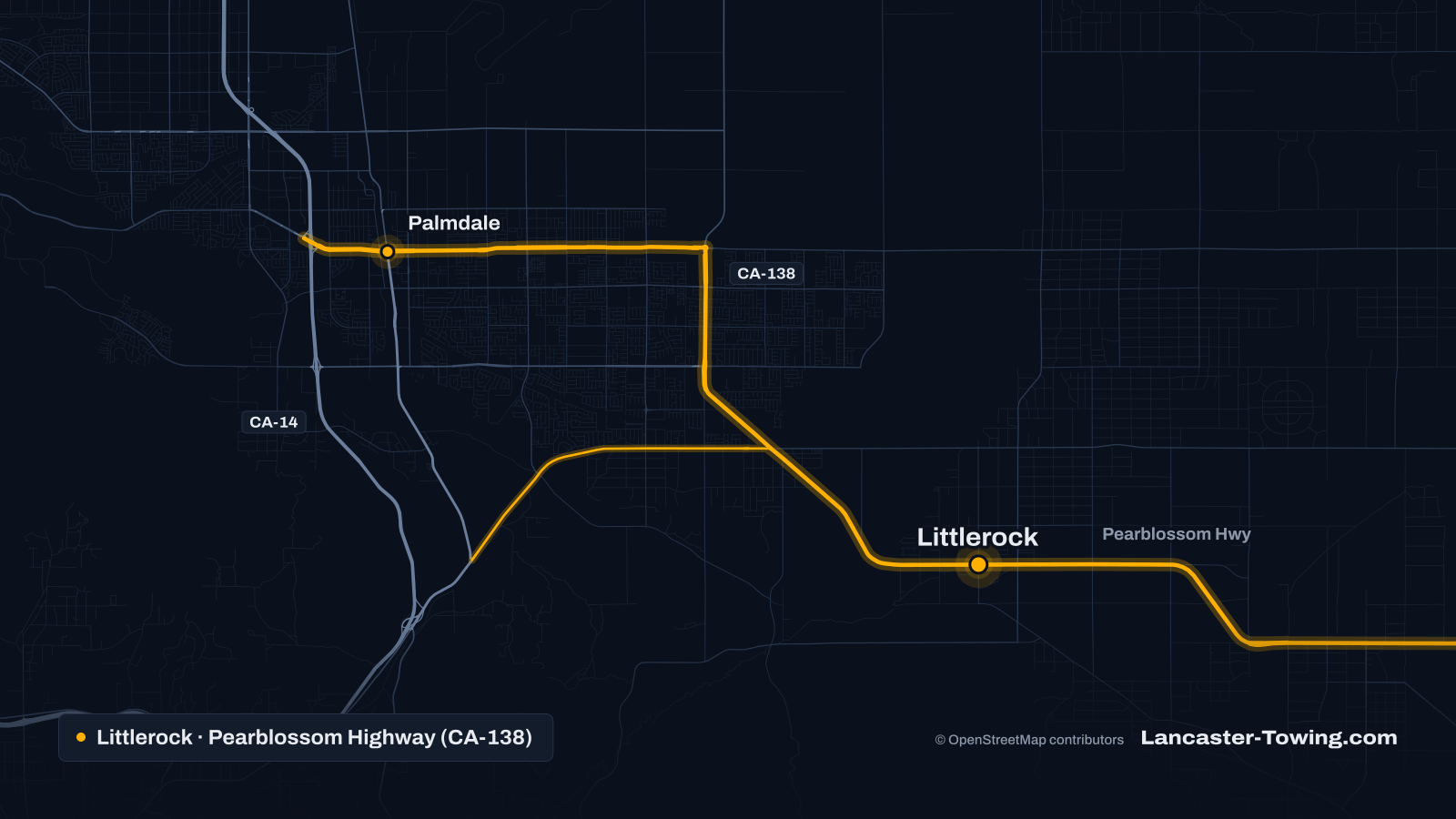 Map of Littlerock and Palmdale, CA, with CA-138 highlighted along Palmdale Boulevard and Pearblossom Highway