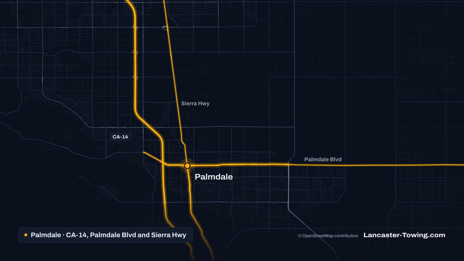 Map of Palmdale, CA, with CA-14, Palmdale Boulevard and Sierra Highway highlighted and Palmdale City Hall pinned