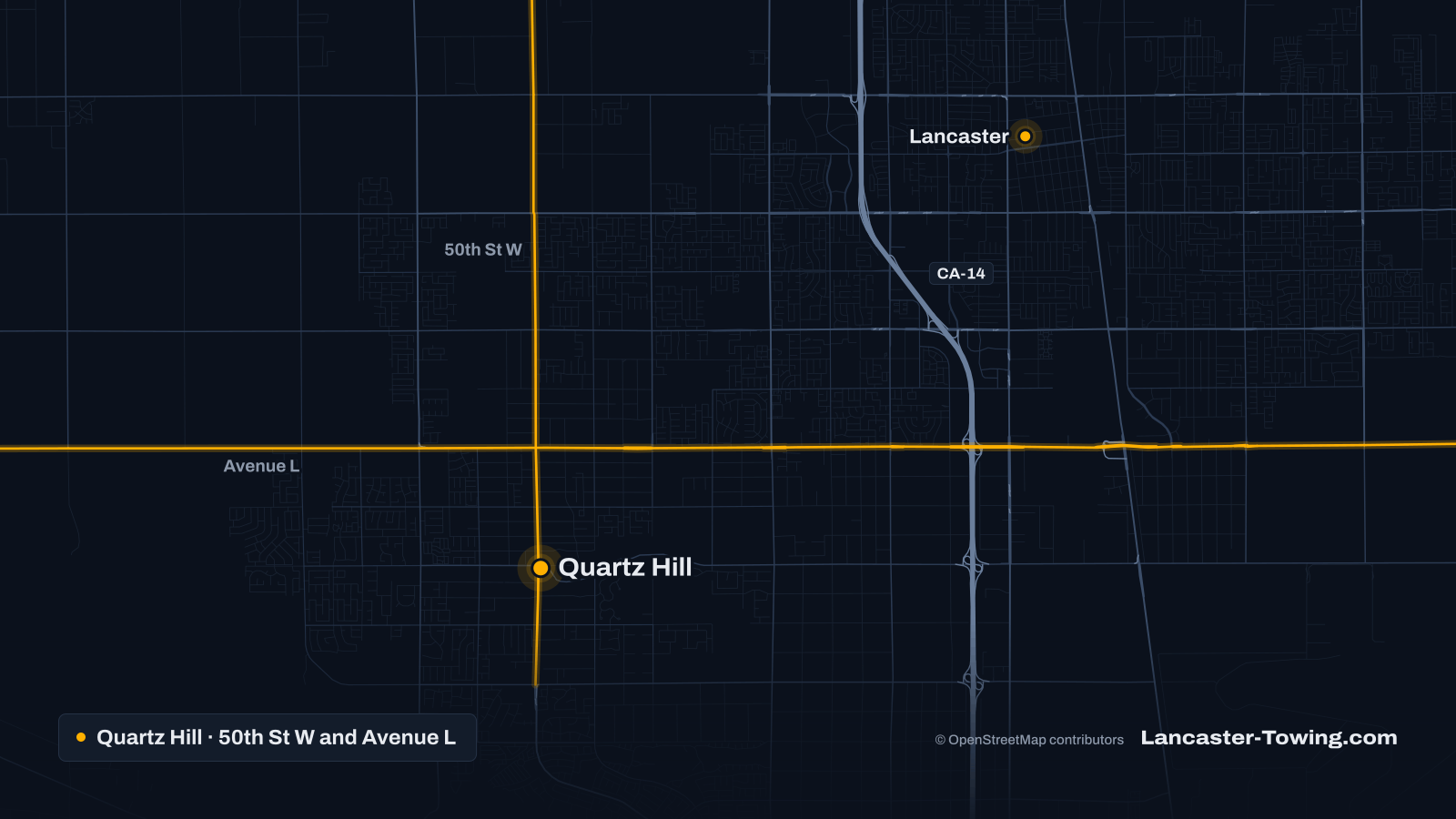 Map of Quartz Hill, CA, with 50th Street West and Avenue L highlighted and Quartz Hill and Lancaster pinned