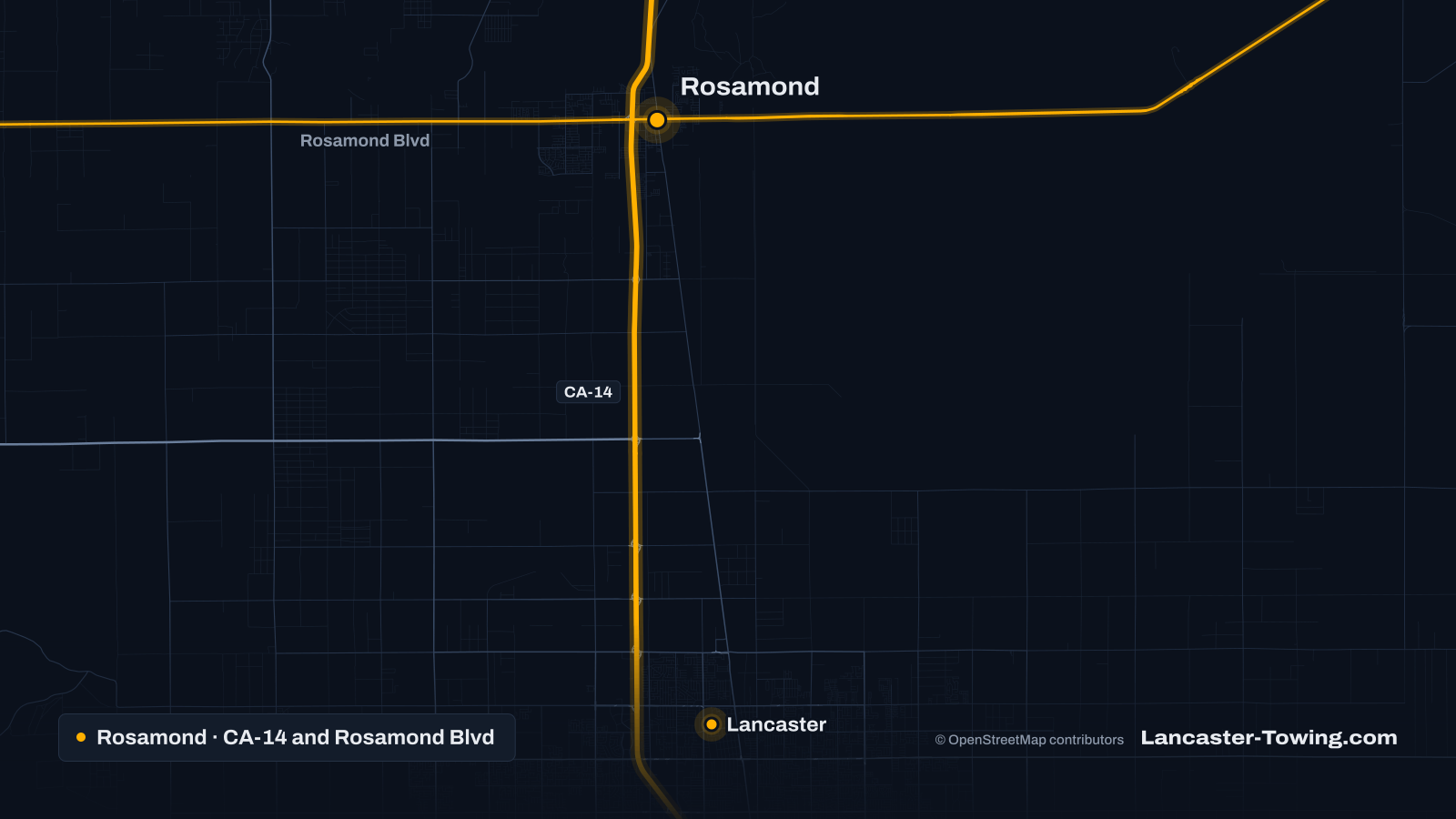 Map of Rosamond, CA, and north Lancaster, with CA-14 and Rosamond Boulevard highlighted and both pinned