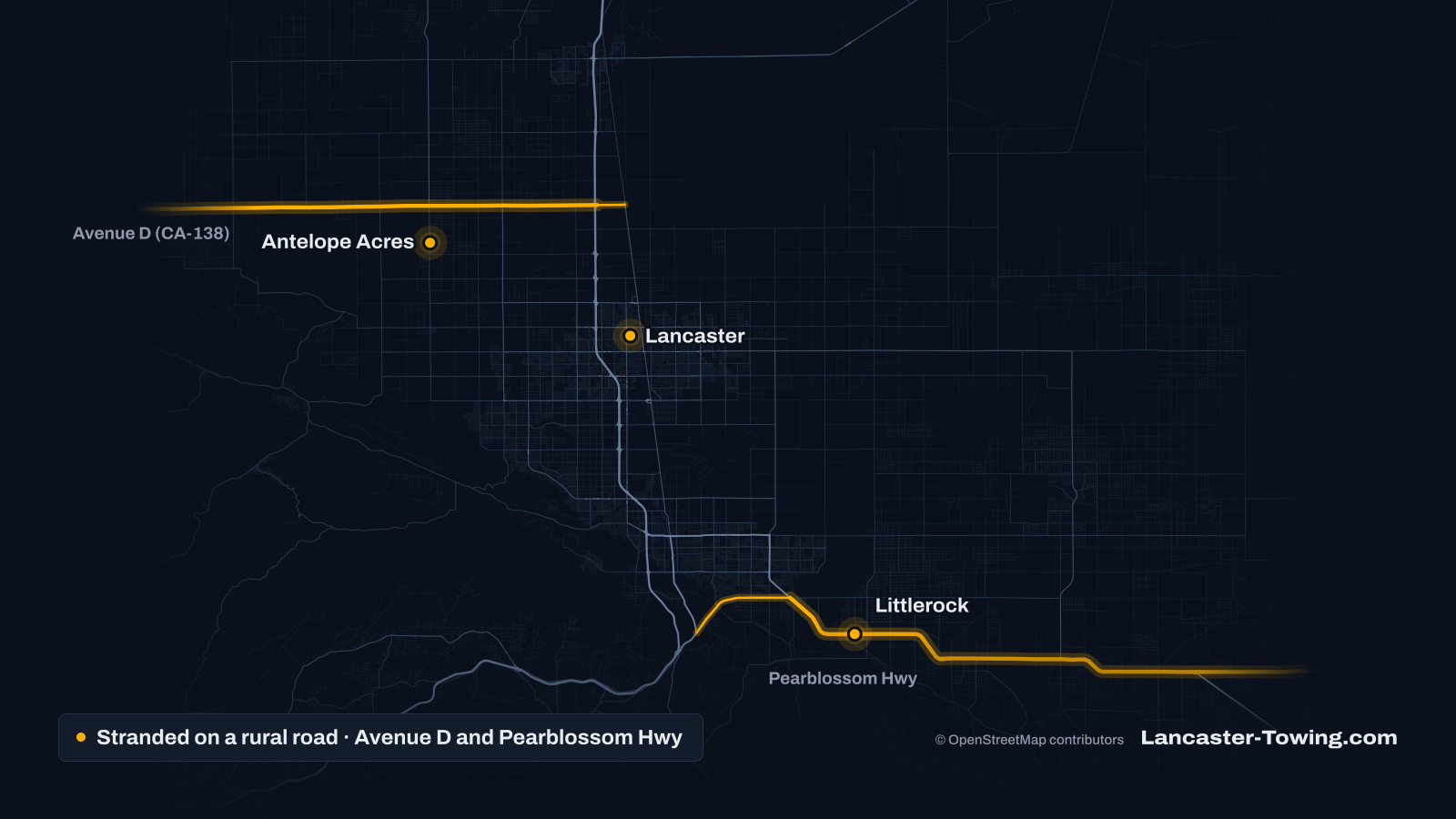 Map of the Antelope Valley with Avenue D (CA-138) and Pearblossom Highway highlighted and Lancaster, Antelope Acres and Littlerock pinned